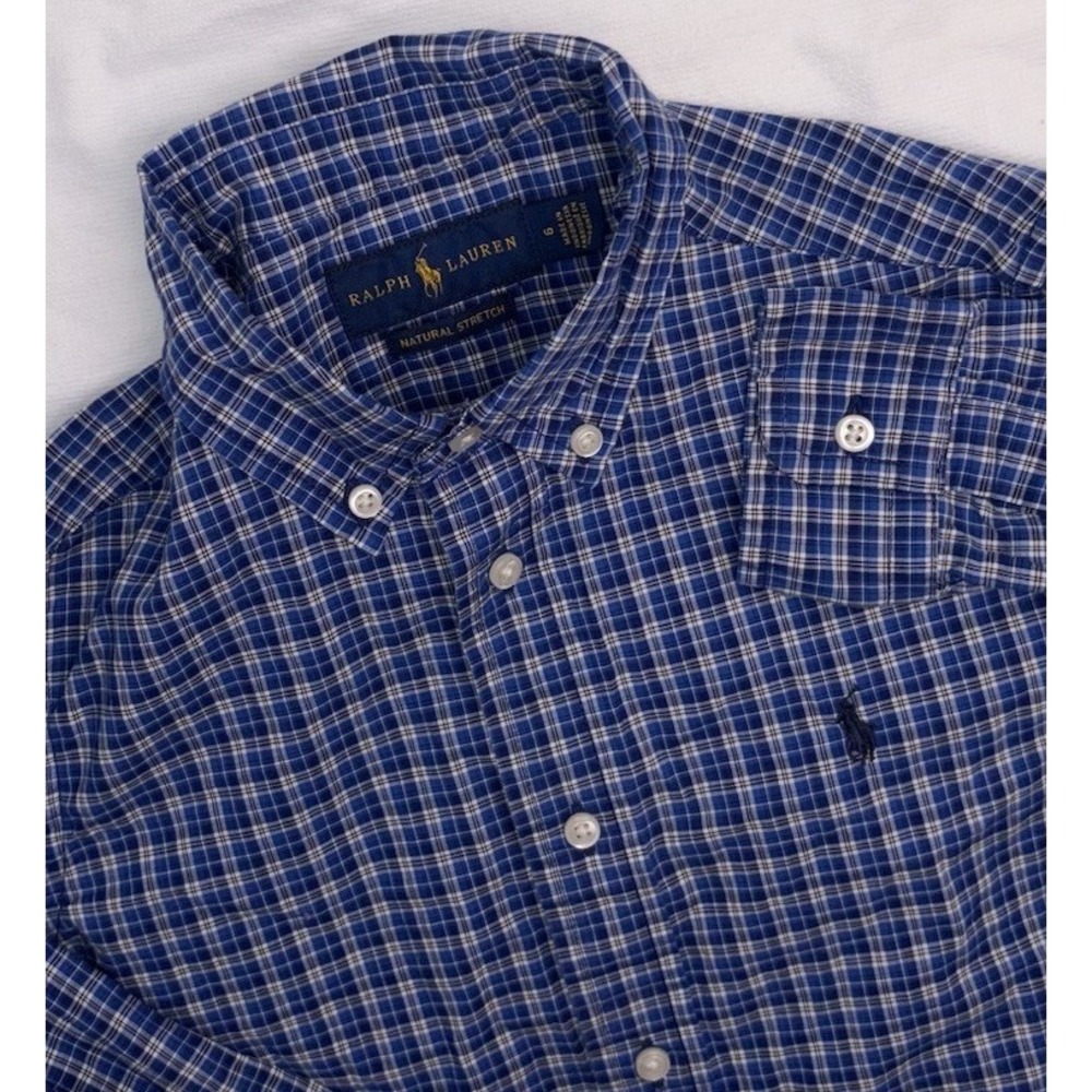 Polo Ralph Lauren Boys Blue‎ Plaid Button Down Small 6 natural stretch